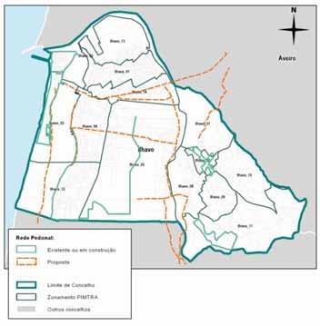 do concelho (também apresentadas na figura seguinte), as quais irão promover a ligação a pé entre as diferentes zonas do concelho, transformando o sistema pedonal estruturante de Ílhavo numa rede de