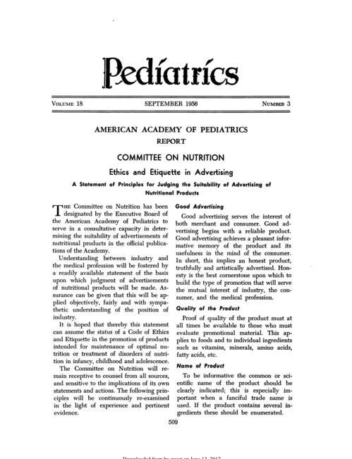 American Academy of Pediatrics ETHICS and etiquette in advertising; a statement of principles for