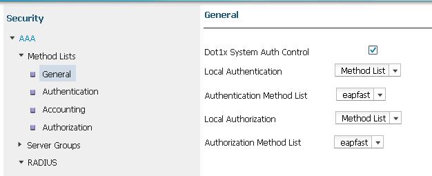 6. Verifique a caixa de verificação do controle do AUTH do sistema do dot1x e selecione o eapfast para as listas