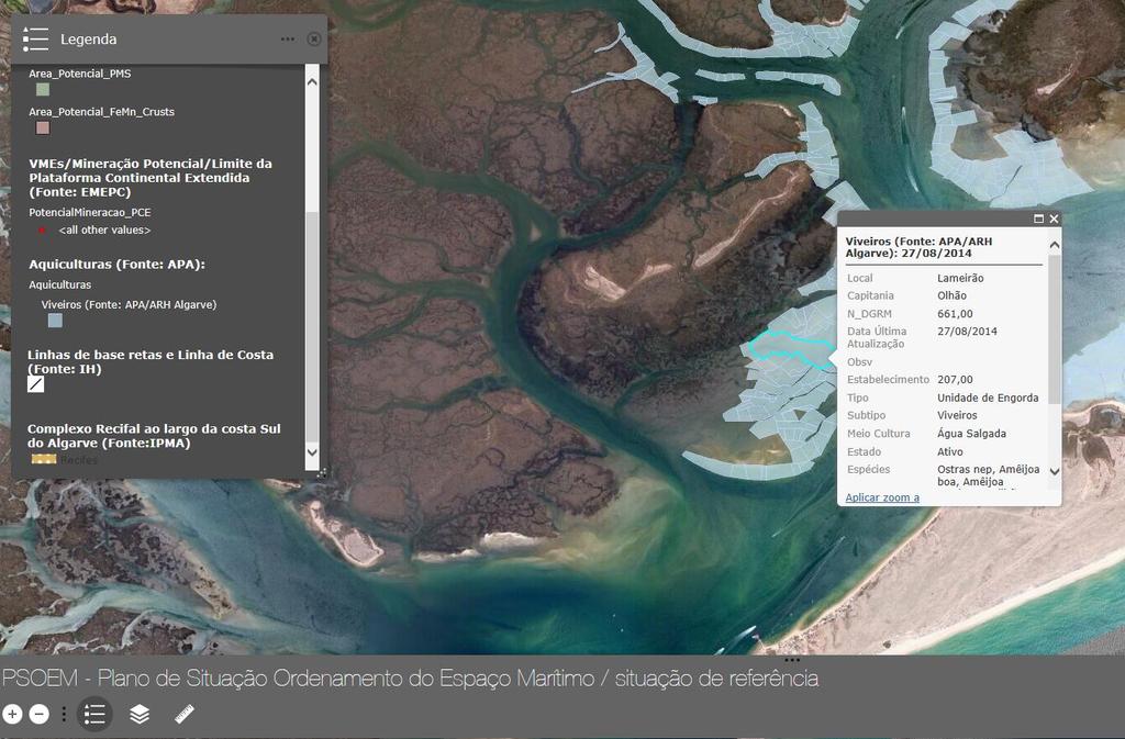 Principais Características Geoportal PSOEM 1. Dados provenientes de diversas instituições em serviços de mapas online (DGRM, IH, APA, IPMA, ICNF). É fornecido apenas um link 2.