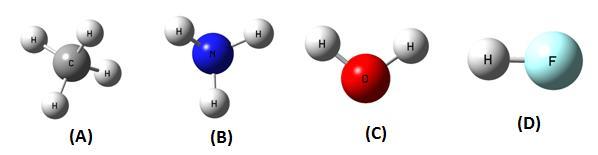 Figura 6: (A) Metano, (B) Amônia, (C) Água, (D) Fluoreto de Hidrogênio.