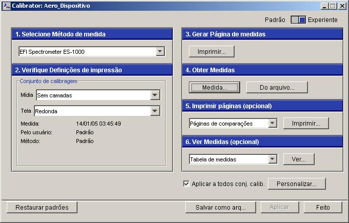 CALIBRAGEM 49 Modo Experiente O Calibrator fornece dois modos: Padrão e Experiente. É possível executar todas as tarefas de calibragem essenciais, mesmo no modo Padrão.