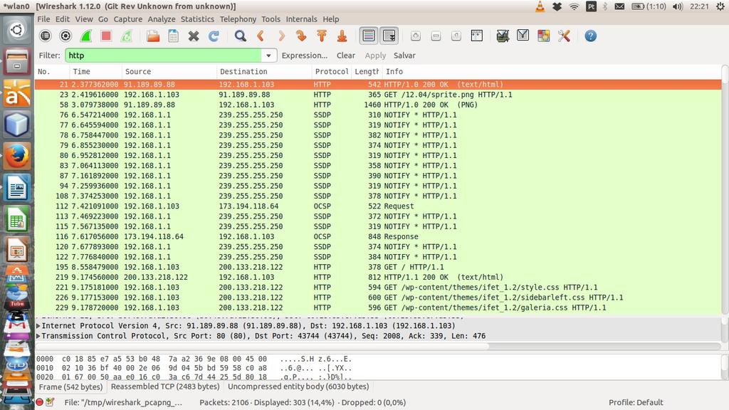 vermelho, onde o IP cliente 192.168.1.103 faz ao servidor de IP servidor 91.189.89.88.