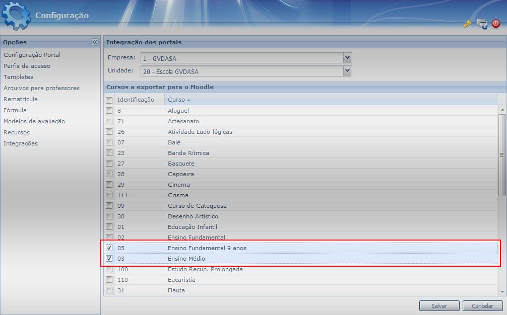 4.3. Exportação automática de turmas A integração oferece a possibilidade de configurar os cursos que deverão ter suas turmas exportadas automaticamente para o ambiente Moodle, desta forma, não será