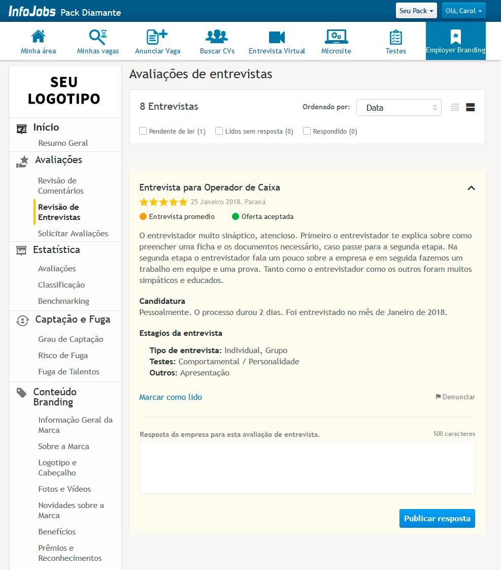 Avaliações de entrevistas Conheça as opiniões sobre seus processos seletivos e aprimore a atividade da sua equipe.