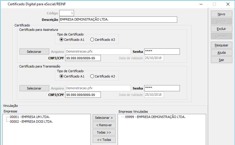 O campo de CNPJ/CPF, quando possível é recuperado automaticamente do arquivo do certificado.
