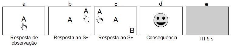 Resposta de observação no estímulo-modelo produzia uma tela em que o estímulo-modelo era reapresentado juntamente com o S + (painel b).