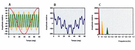 20 Figura 1: A) Três ritmos distintos: alta frequência em verde (15 ciclos/min ou 0,25 Hz); baixa frequência em amarelo (6 ciclos/min ou 0,01 Hz) e muito baixa frequência em vermelho (1 ciclo/min ou