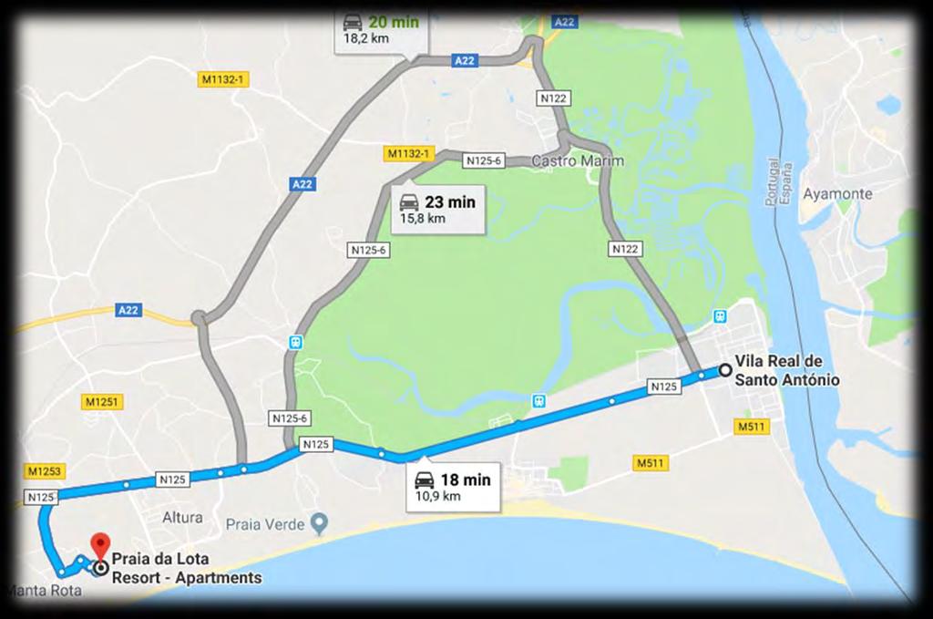 Si vous arrivez par route Frontière de Vila Real Santo António/Ayamonte Suivre à "Avenida dos Bombeiros" à la N125 Suivez N125 à la