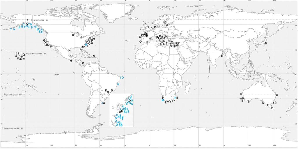 Figure 1. Geographic distribution of medusozoan species already recorded as invaders and cryptogenic. Letters in black: invasive record; Letters in blue: cryptogenic record.