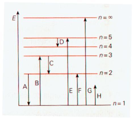 GRUPO III Na figura estão representados alguns níveis de energia do eletrão do átomo de hidrogénio, bem como setas que indicam possíveis transições entre esses níveis. Indique: 1.