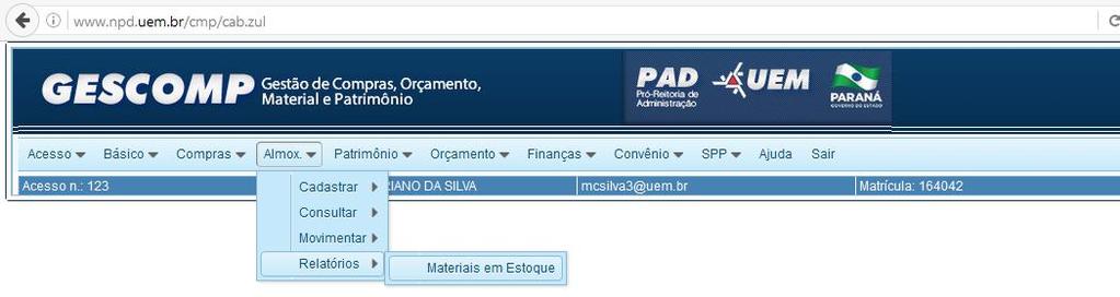 2 CRIANDO UMA REQUISIÃO DE MATERIAIS (RM) ON LINE 1.2.1 VISUALIZANDO OU IMPRIMINDO RELATÓRIO DE ESTOQUES No menu Amox.