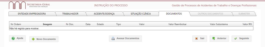 3.3.5 Dados Documentos Ecrã Novo Processo Documentos Neste separador é solicitado ao utilizador o registo de documentos de despesa e respetivas prescrições (quando aplicáveis), ou documentos