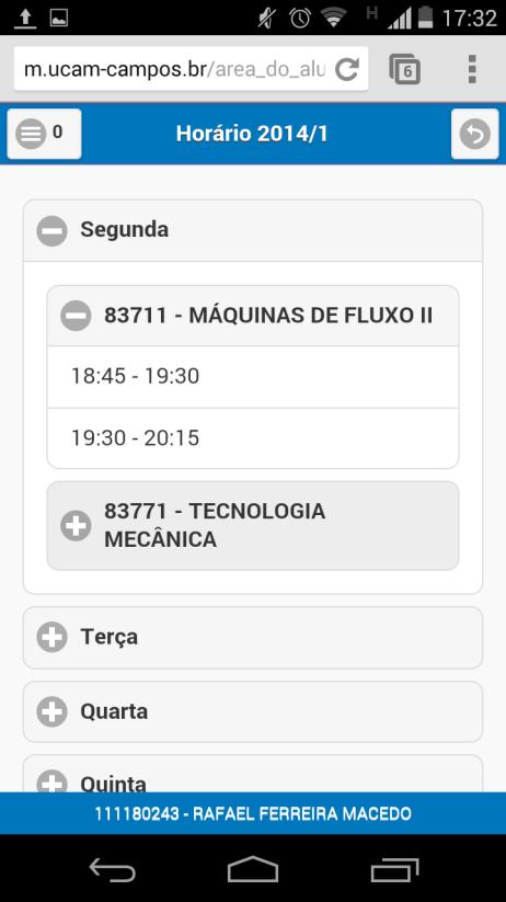 Para visualizar o coeficiente de rendimento toque sobre o período letivo expandindo o mesmo para visualizar o coeficiente de rendimento semestral e o coeficiente de rendimento acumulado.