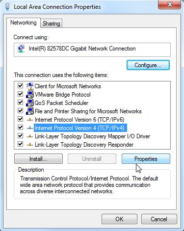 Selecione para "Internet Protocol Version 4 (TCP/IP)" Protocolo de Internet versão 4 (TCP/IP) as