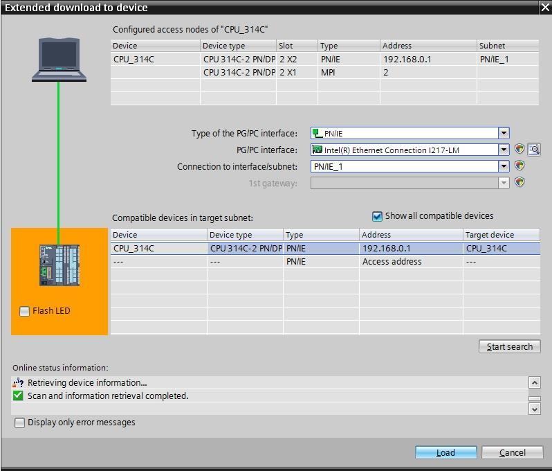 Se a sua CPU for exibida na lista "Compatible devices in target subnet" (Dispositivos compatíveis na sub-rede de destino), então esta deve ser selecionada e o carregamento pode ser iniciado.