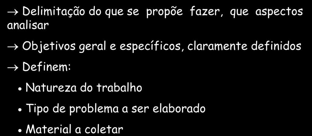 3 OBJETIVOS Delimitação do que se propõe fazer, que aspectos analisar Objetivos geral e específicos, claramente definidos