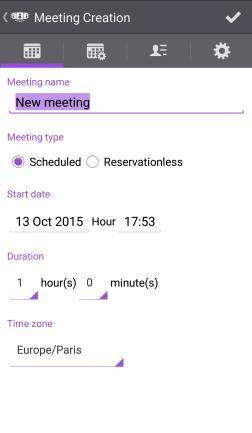IV.7 Reunião IV.7.1 Criar uma reunião Selecione o separador de reuniões. Criar uma nova reunião. Selecione o tipo de reunião (agendada ou sem reserva requerida) e preencha os vários campos de reunião.