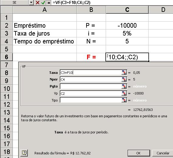 Relações de Equivalência Relação entre VP e VF Uso do Excel 10000 i = 5% 5 0 VF =?