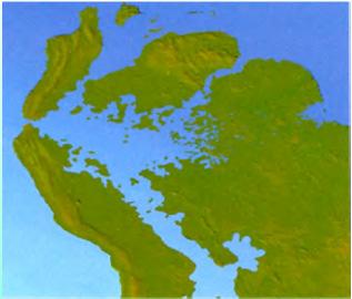 Floresta Amazônica 60-30 maa porção leste era soerguida. Comunicação inicial com o Pacífico (30 m.
