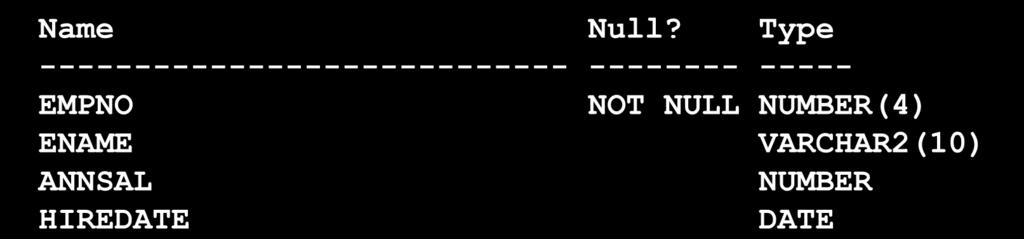 Criando uma Tabela Usando uma Subconsulta SQL> CREATE TABLE dept30 2 AS 3 SELECT empno, ename, sal*12 ANNSAL, hiredate 4 FROM emp 5 WHERE deptno = 30; Table