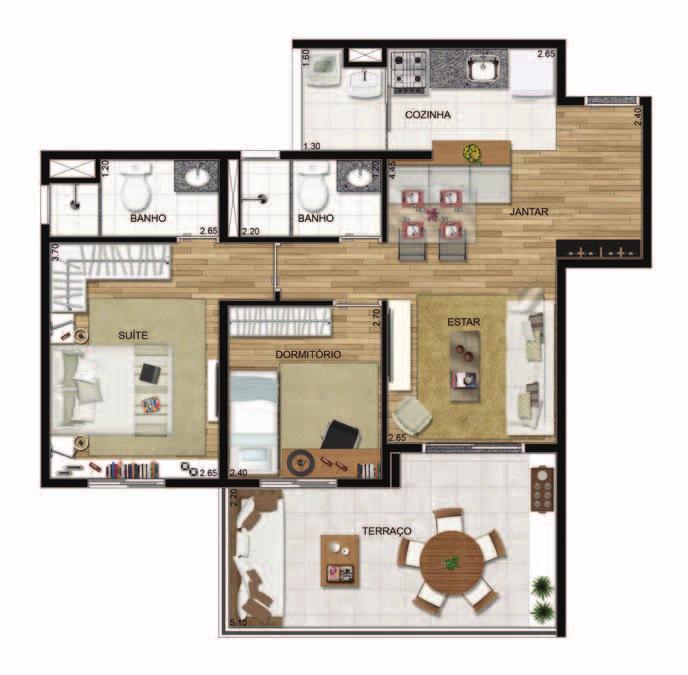 Planta apto. final 1 2 DORM. Cozinha americana Planta apto. final 2 2 DORM.