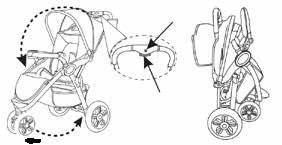 8 9 8) Puxe para cima as peças de orientação das rodas dianteiras para fixar a direção do carrinho.
