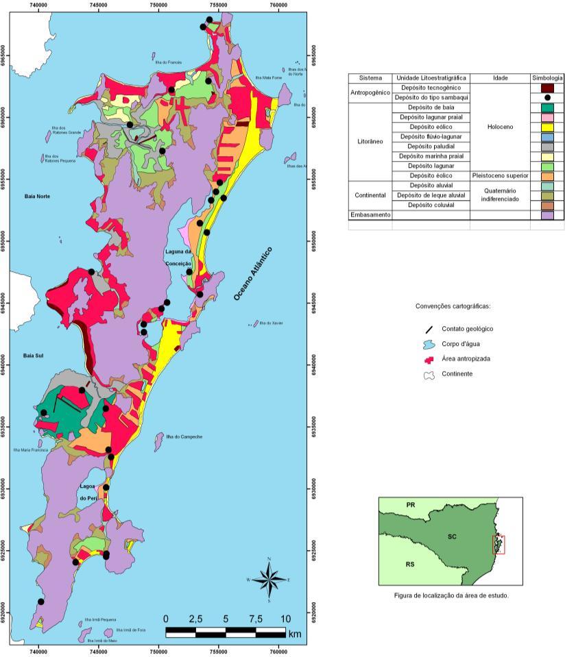 8 Figura 3 Mapa geológico da Ilha de Santa Catarina com a introdução do Depósito Tecnogênico e áreas antropizadas sobre as unidades geológicas.