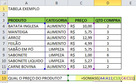 Os valores dos preços estão na coluna C, então informei o intervalo com Os preços e fechei o