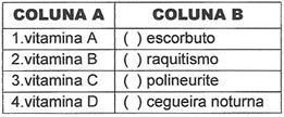 A alternativa correta é: a) 1.2.3.4. b) 1.3.2.4. c) 2.4.1.2. d) 3.4.2.1. e) 3.2.4.1. 09. (UFU) Na tabela a seguir, são apresentados os resultados dos déficits vitamínicos de 4 indivíduos.