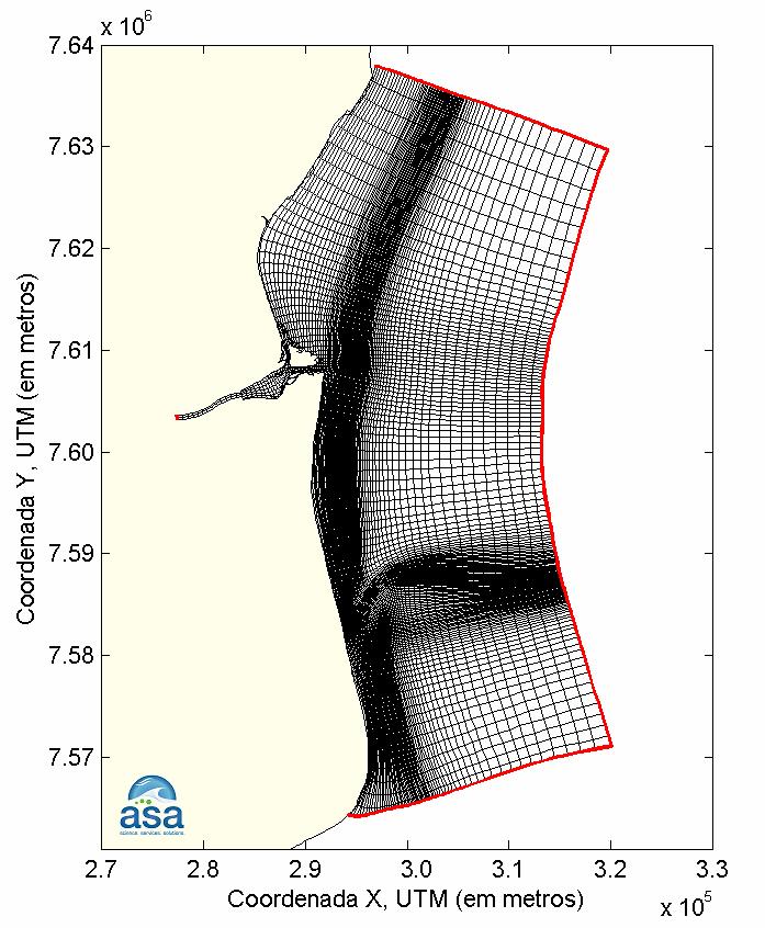 Pág. III-2/16 Modelagem Hidrodinâmica III Estudo de Modelagem da Dispersão da Figura 20 - Grade regional do modelo hidrodinâmico com a localização das bordas abertas (em vermelho).