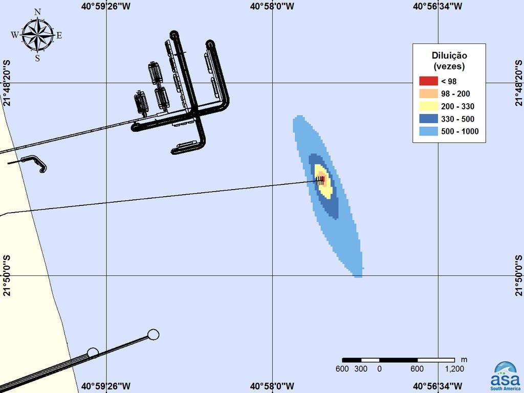 Pág. VII-6/7 Resultados da Modelagem do Descarte de Efluentes VII Estudo de Modelagem da Dispersão da Figura 36 - Diluições calculadas para a pluma de água produzida, simulada no período de verão,