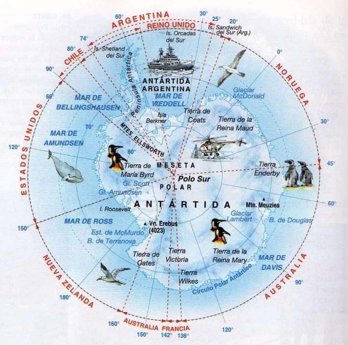 Este continente de 14 milhões de Km2 rodeia o Polo Sul e é cercado pelo Oceano Antártico, que fica entre o Oceano Pacífico e o Atlântico.