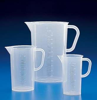 MEASURING JUGS, SHORT FORM Autoclavable, highly translucent especially when filled with liquids. Permanently moulded graduations. Excellent chemical resistance. No drip spout. Thumb grip on handle.