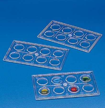 COLORIMETRIC 8 CELL TRAY PS For colorimetric assay. PLACA COM OITO POÇOS PS Particularmente útil para testes colorimétricos. Dim. mm Ø celdas mm / Cell Ø mm / Ø poço mm Prof. celda mm / Cell dept.