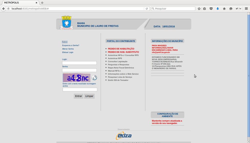 Para emissão da Nota Fiscal Tomador Eletrônica, o usuário deverá acessar a aplicação através do site da prefeitura clicando no link Nota Fiscal Eletrônica e abrirá a tela de apresentação do sistema.