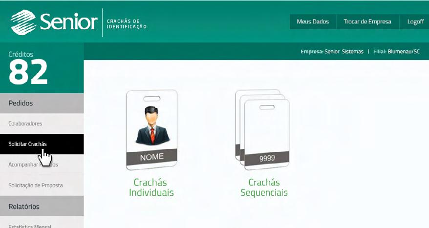 7 Solicitar Crachás Há dois tipos de crachás disponíveis para solicitação. Crachás Individuais São os crachás que vão os dados pessoais do colaborador como foto, nome, entre outras informações.