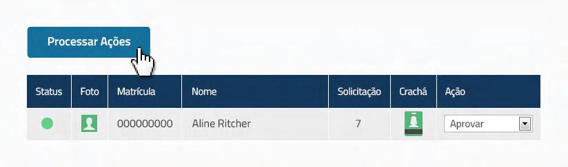 4- Após as aprovações clique no botão Processar Ações. Após esse processo automaticamente os crachás passam para fila de impressão.