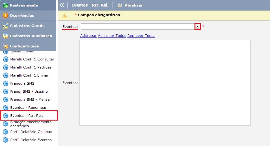 Para deletar o registro basta confirmar a exclusão com o clique em OK. Eventos - Rtr.