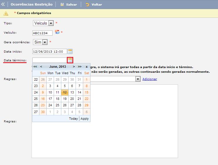 Data término: Este campo é destinado para adicionar a data/horário final da restrição.