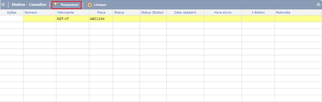 Nesta tela as seguintes informações: Ações ( Reenviar o comando) Número (dispositivo) Fabricante (dispositivo) Placa (veículo) Status (envio de comando) Status IButton Data Cadastro Hora envio