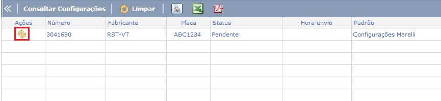 Nesta tela são exibidas as seguintes informações: Ações (Reenviar Comando) Número Fabricante Placa Status Hora envio Padrão Caso a informação esteja pendente (não enviada) para o Teclado, poderá ser