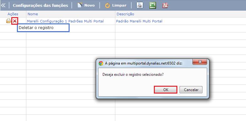 Para deletar o cadastro basta confirmar a exclusão com o clique em OK. Marelli Config. 1 Enviar Este menu é destinado para envio das configurações cadastradas no menu Marelli Config.