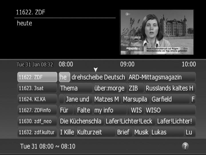 Capítulo 2 >> Configurações e operações iniciais Guia de programação O número e o nome do canal atual estão no canto superior esquerdo. O ícone amarelo indica a hora atual.