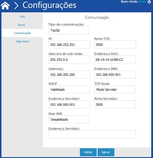 5.3. Menu Configurações: Aba Comunicação IP - Campo de definição para o IP do equipamento.