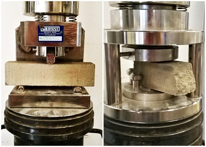 46 sem contato com os dispositivos. Após foi aplicada a carga de (50±10) N/s até a ruptura do corpo de prova (FIGURA 12). Figura 12 - Ensaios de resistência à tração na flexão e à compressão.