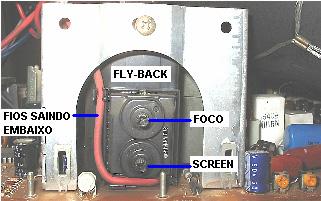 Os fios da tensão de foco e screen podem sair na parte de cima ou embaixo do fly-back como no exemplo mostrado ao lado.