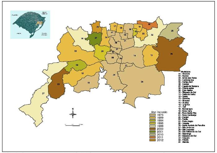 11 Figura 1 Composição territorial da RMPA a partir de 2012 Fonte: Martins (2013, p. 6). A RMPA foi criada em 1973, era formada por 14 (quatorze) municípios e concentrava 1.531.