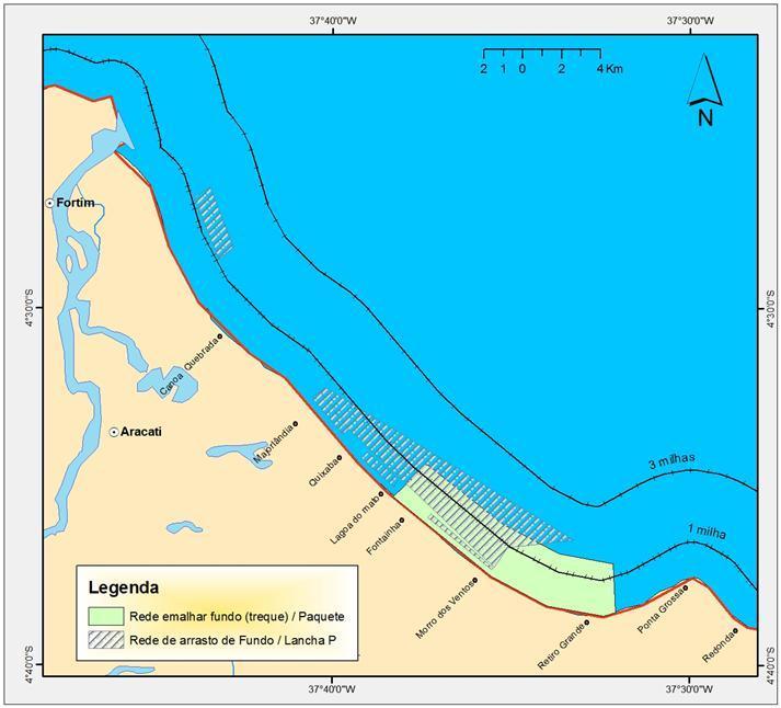 121 Figura 19 Áreas comuns de pesca de camarão utilizadas pelos sistemas de pesca arrasto de fundo / lancha P e rede de emalhar de fundo / paquete, nos municípios de Aracati e Icapuí.