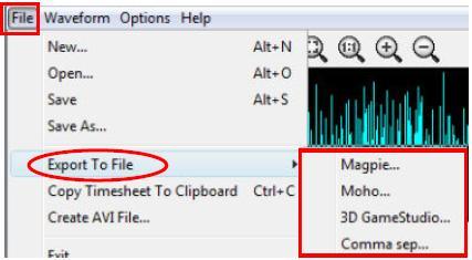 ficheiros em 4 formatos distintos como indica a Figura 13. Assim, através do menu File, devemos selecionar Export To File.